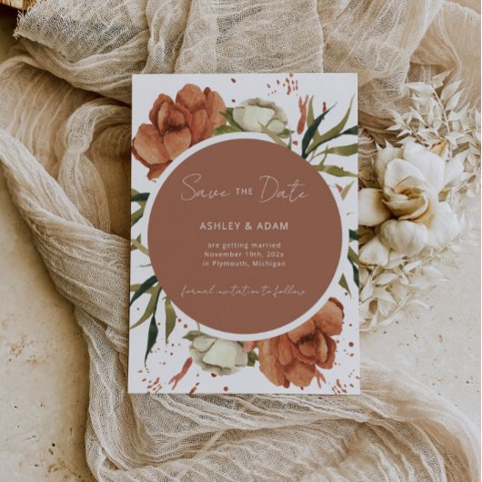 Terrarotta Boheemse Bloemen Save the Date Uitnodig Kaart