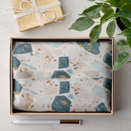 Terrazzo Blauwgroen en Gouden Patroon Decoupage Tissuepapier (Geschenk)
