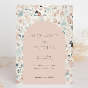 Terrazzo Blush Abrikoos Pastel Retro Arch Bruiloft Save The Date