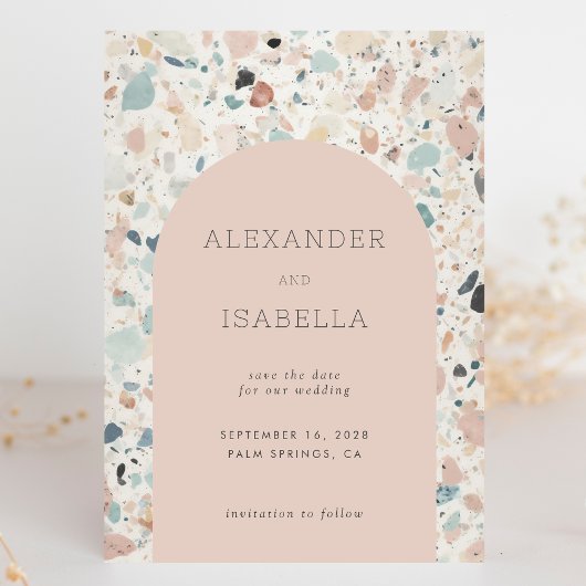 Terrazzo Blush Abrikoos Pastel Retro Arch Bruiloft Save The Date