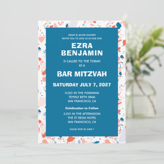 Terrazzo Hand getrokken Custom Bar Bat Mitswa Kaart (Staand voorkant)