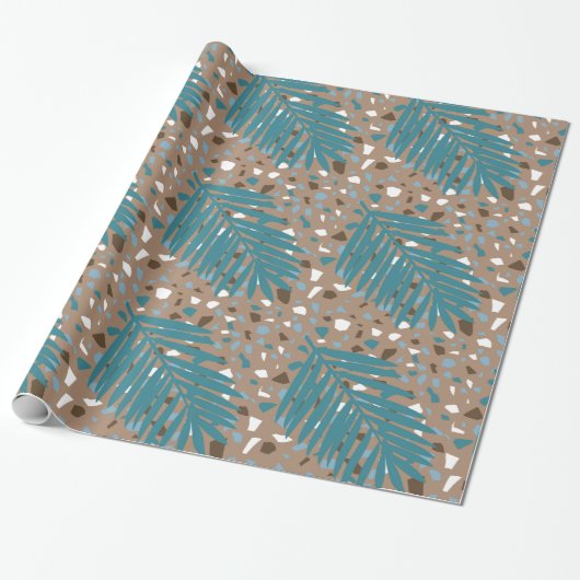 Terrazzo met Palm Leaves, beachy, seback, blauwgro Cadeaupapier (Uitgerold)