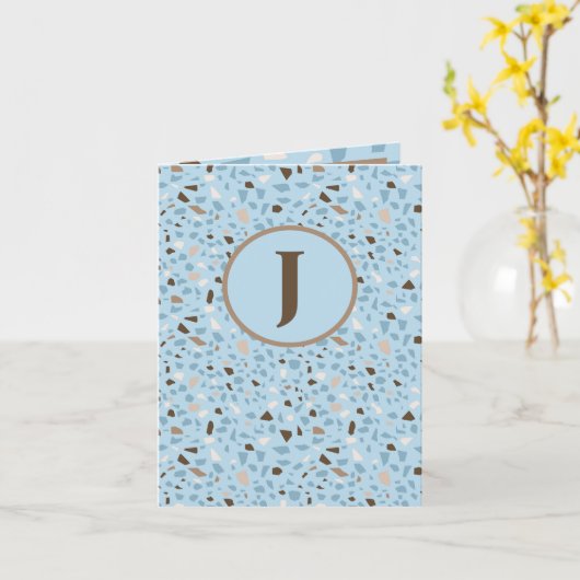 Terrazzo Monogram Blue Tan Brown Day Greeting Kaart (Gele Bloem)