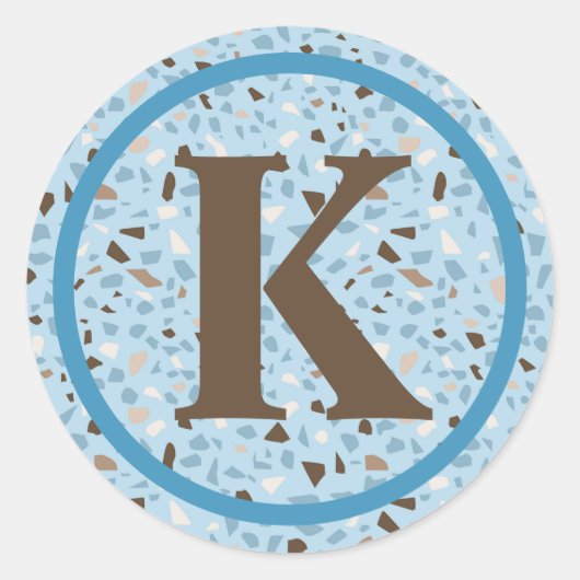 Terrazzo Monogram Blue Tan Brown Modern Ronde Sticker (Voorkant)