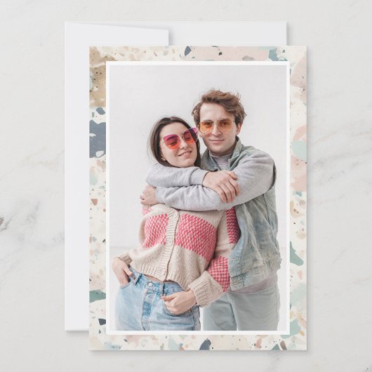 Terrazzo pastel kleuren Retro boog bruiloft foto Save The Date (Achterkant)