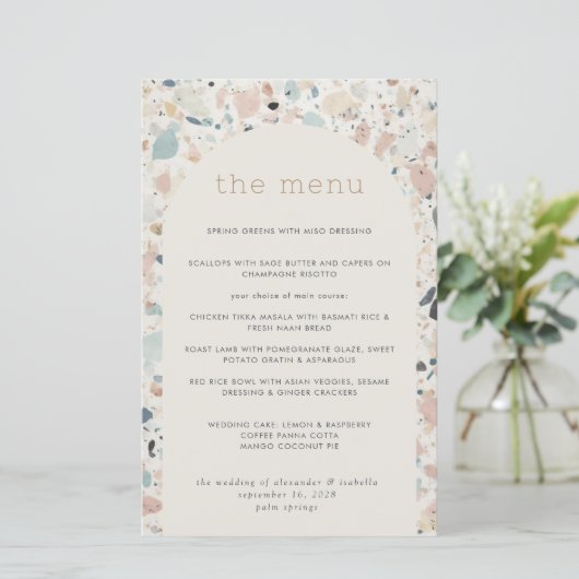 Terrazzo Pastel Patroon Boog Bruiloft Menu (Staand voorkant)