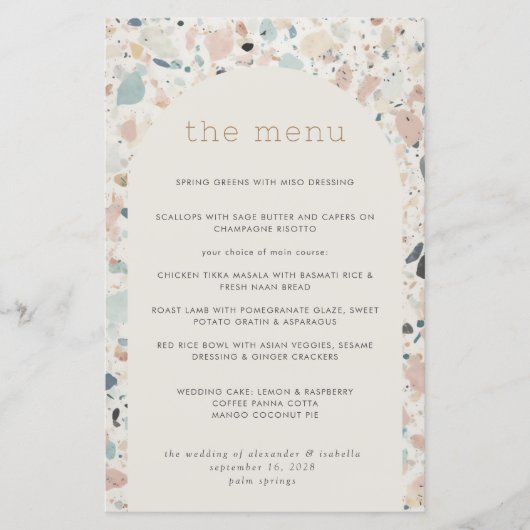 Terrazzo Pastel Patroon Boog Bruiloft Menu (Voorkant)