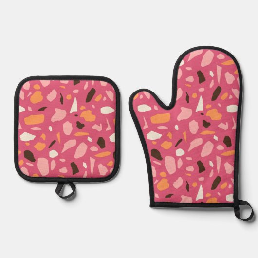 Terrazzo patroon roze ovenwant & pannenlap set (Voorkant)