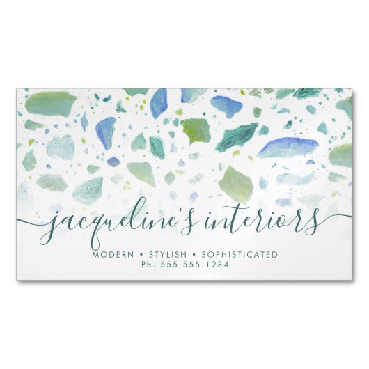 Terrazzo Pattern Modern Script Aqua Blue Green Magnetisch Visitekaartje (Voorkant)