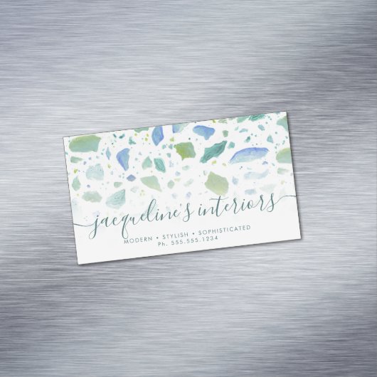 Terrazzo Pattern Modern Script Aqua Blue Green Magnetisch Visitekaartje (Voorbeeld)