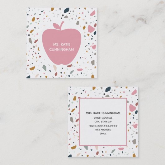 Terrazzo Pattern Pink Apple Teacher Vierkante Visitekaartje (Voorkant / Achterkant)