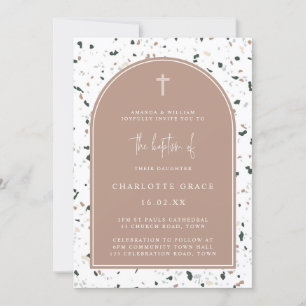 Terrazzo Pink Green Modern Arch Minimalist Baptism Kaart