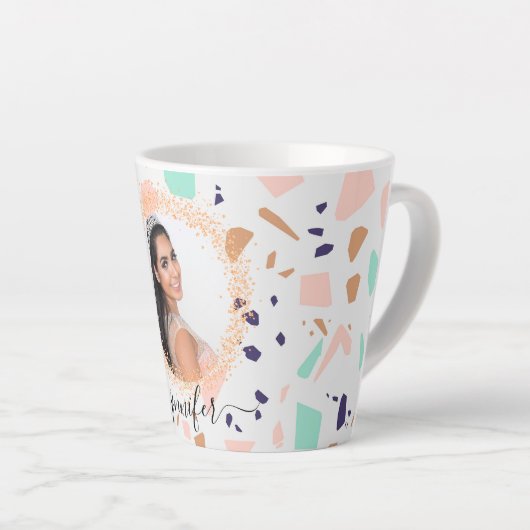 Terrazzo roos gold mint white foto name latte mok (Rechterhoek)