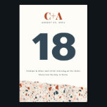 Terrazzo Slab Bruiloft Dubbelzijdig Kaart<br><div class="desc">Een trendy terrazzo stenen detail en midden-eeuw geïnspireerde typografie geven dit bruidstafelnummer een warme en moderne sfeer in een woestijngeïnspireerd kleurenpalet van roest,  blush en leisteen blauw alles afgedekt met een modern monogram.</div>