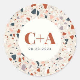 Terrazzo Slab Bruiloft Monogram en Datum Ronde Sticker