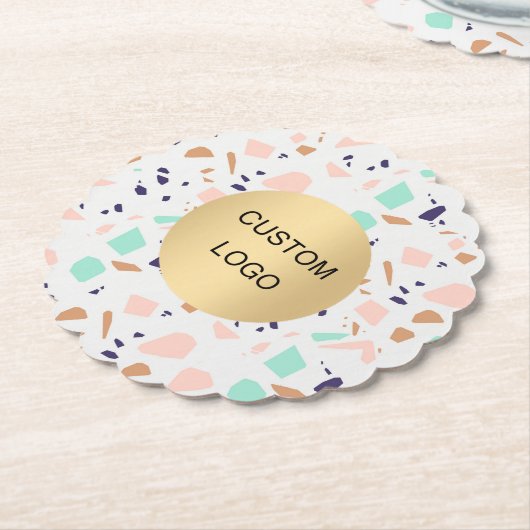 Terrazzo white blush mint business company logo kartonnen onderzetters (Gekanteld)