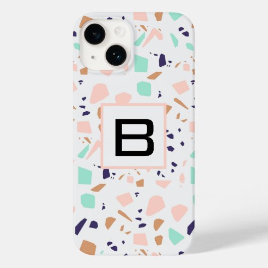 Terrazzo white blush mint monogram initiaal Case-Mate iPhone case (Achterkant)