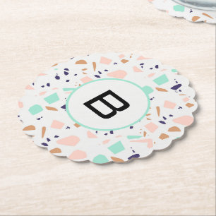 Terrazzo white blush mint monogram initiaal kartonnen onderzetters