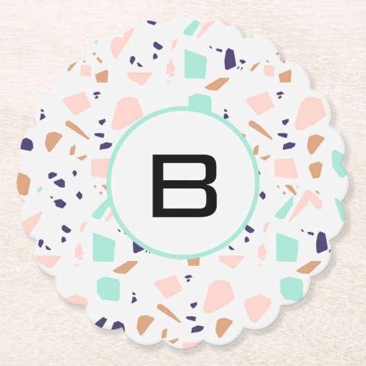 Terrazzo white blush mint monogram initiaal kartonnen onderzetters (Voorkant)