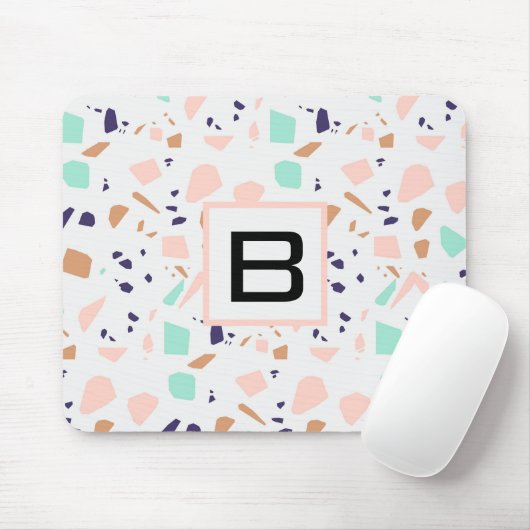 Terrazzo white blush mint monogram initiaal muismat (Met muis)
