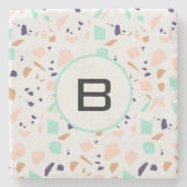 Terrazzo white blush mint monogram initiaal stenen onderzetter (Voorkant)