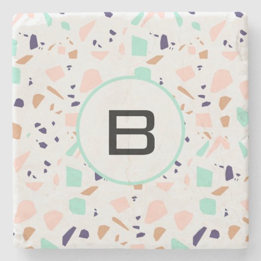 Terrazzo white blush mint monogram initiaal stenen onderzetter (Voorkant)