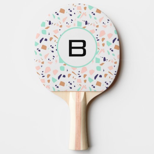 Terrazzo white blush mint monogram initiaal tafeltennisbatje (Achterkant)