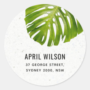 TERRAZZO WHITE GREEN MONSTERA LEAF FOLIAGE ADRES RONDE STICKER