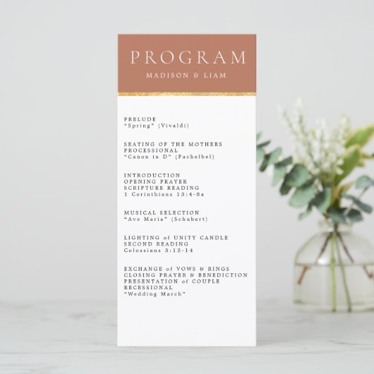 Terrecotta Gold foil Wedding Programme Menu (Staand voorkant)