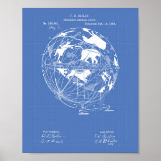 Terrestro Sidereal Wereldbol 1886 Patent Art Bluep Poster