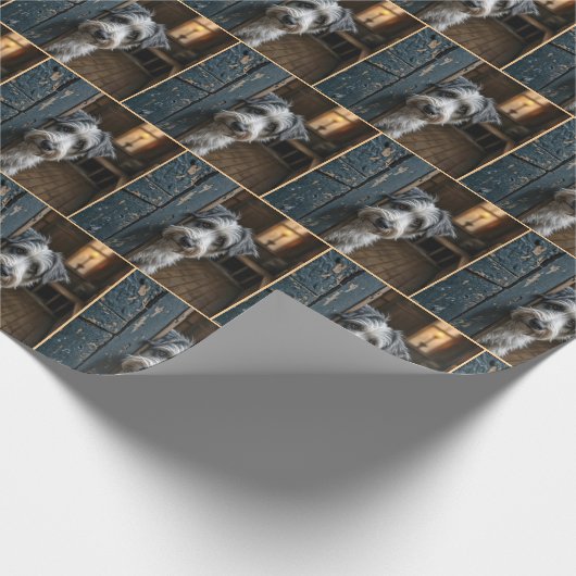 Terrier gluren rond een oude deur cadeaupapier (Hoek)