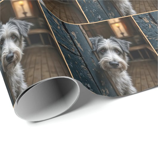 Terrier gluren rond een oude deur cadeaupapier (Rol Hoek)