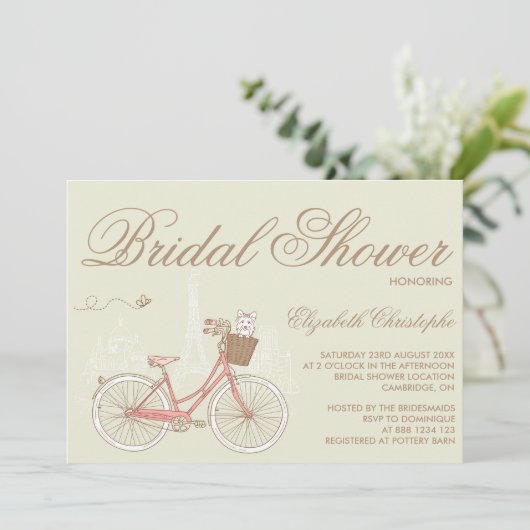 Terrier op een Roze Bicycle Bridal Shower-uitnodig Kaart (Staand voorkant)