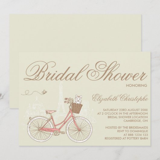 Terrier op een Roze Bicycle Bridal Shower-uitnodig Kaart (Voorkant / Achterkant)