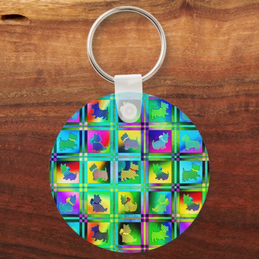 Terrier Silhouetten in een Checkboard Pattern Sleutelhanger (Voorkant)