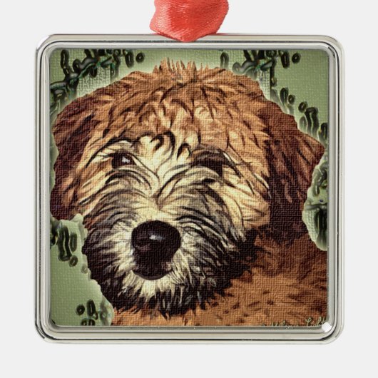 Terrierpuppup met zachte bekleding op wieltjes met metalen ornament (Voorkant)