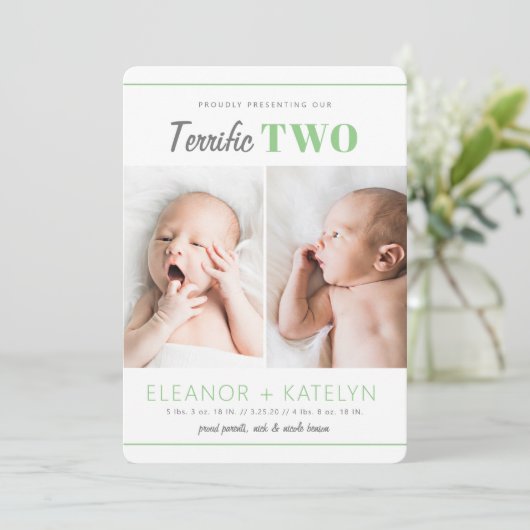 Terrific 2 Twins Birth Announounding Green Kaart (Staand voorkant)