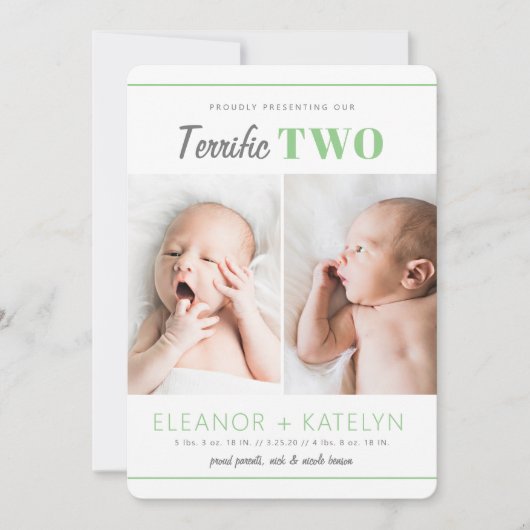 Terrific 2 Twins Birth Announounding Green Kaart (Voorkant)