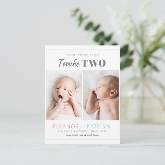 Terrific 2 Twins Birth Announounding Pink Blauwgro Briefkaart (Staand voorkant)