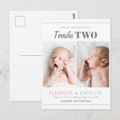 Terrific 2 Twins Birth Announounding Pink Blauwgro Briefkaart (Voorkant / Achterkant)
