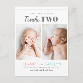 Terrific 2 Twins Birth Announounding Pink Blauwgro Briefkaart
