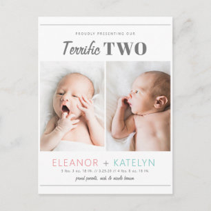 Terrific 2 Twins Birth Announounding Pink Blauwgro Briefkaart