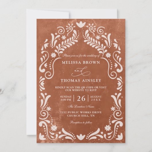 Terrocotta Papel Picado Budget QR Code Wedding Kaart (Voorkant)