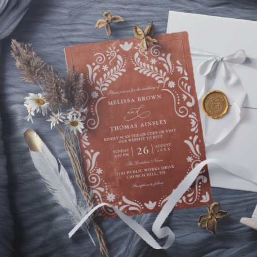 Terrocotta Papel Picado Budget QR Code Wedding Kaart