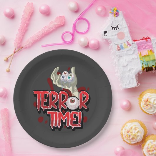 Terror Time Zombie Hand met Eyeballen Papieren Bordje (Feest)