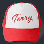 Terry Custom Red Trucker Pet<br><div class="desc">Deze rode aanpasbare trucker hat of honkbal pet heeft de naam "Terry" in een stijlvol, modern lettertype, geïnspireerd op populaire gaming personages. De naam kan volledig worden gepersonaliseerd om aan uw voorkeuren te voldoen, waardoor het een perfect accessoire is voor gamers en vechtgamefans. Of u nu toevoegt aan uw eigen...</div>
