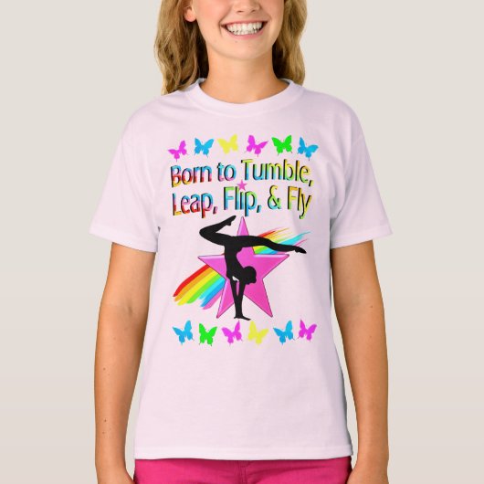 TERUG FLIPPING GYMNASTIEK MEISJE REGENBOOG ONTWERP T-SHIRT (Voorkant)