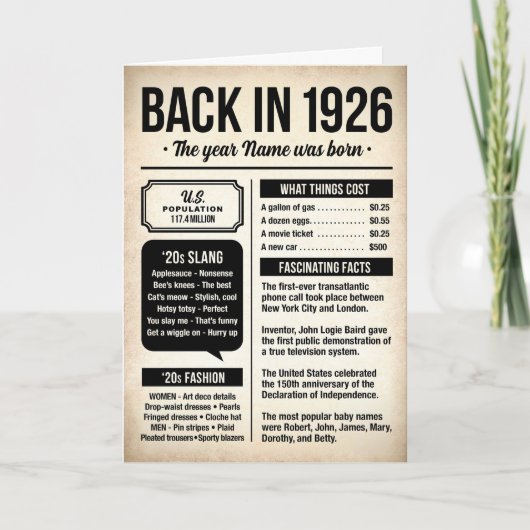 Terug in 1926, 100e verjaardagskaart, aangepaste n kaart (Voorkant)