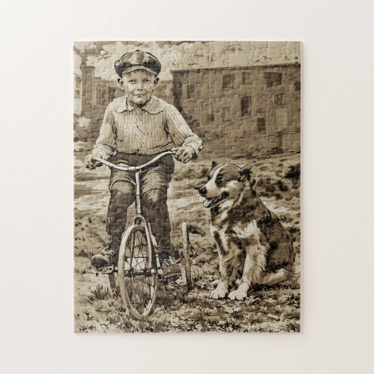 Terug in de tijd Jongen op fiets met hond Legpuzzel (Verticaal)