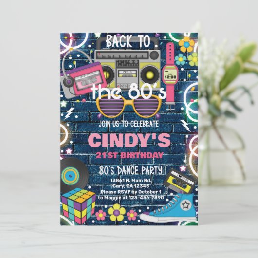 Terug naar de 80's Retro verjaardagsuitnodiging. Kaart (Staand voorkant)
